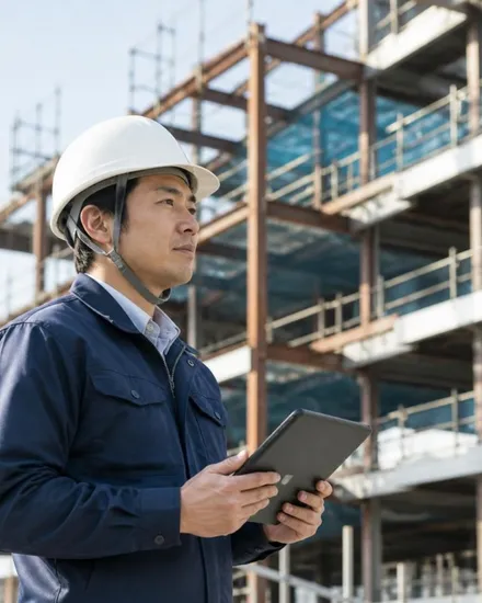 現場でタブレットを持つ施工管理者