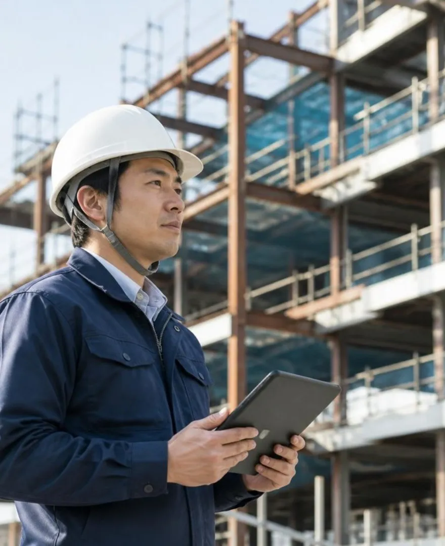 現場でタブレットを持つ施工管理者
