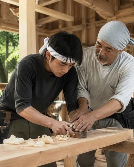 若手大工と職長が一緒に作業する場面