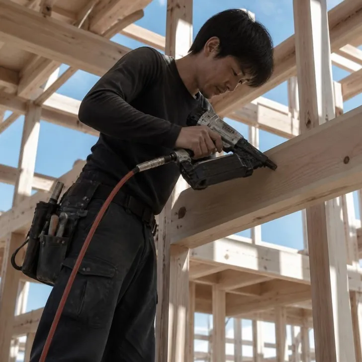 木造住宅の現場で作業する大工(イメージ)