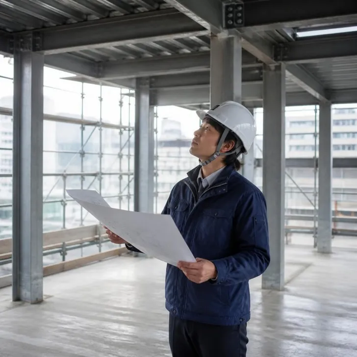 ビル工事の現場で図面を確認する施工管理者(イメージ)