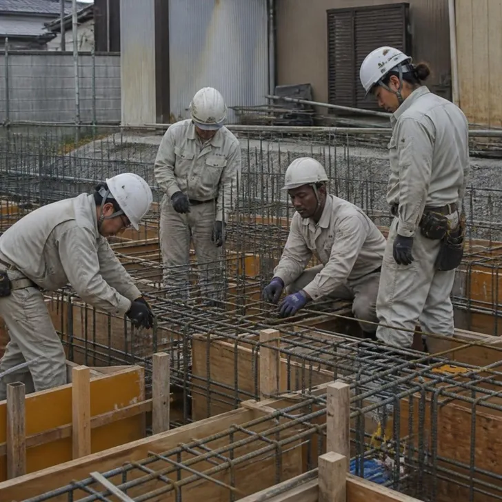現場で日本人職長と外国人技能者が図面を確認する場面（イメージ）