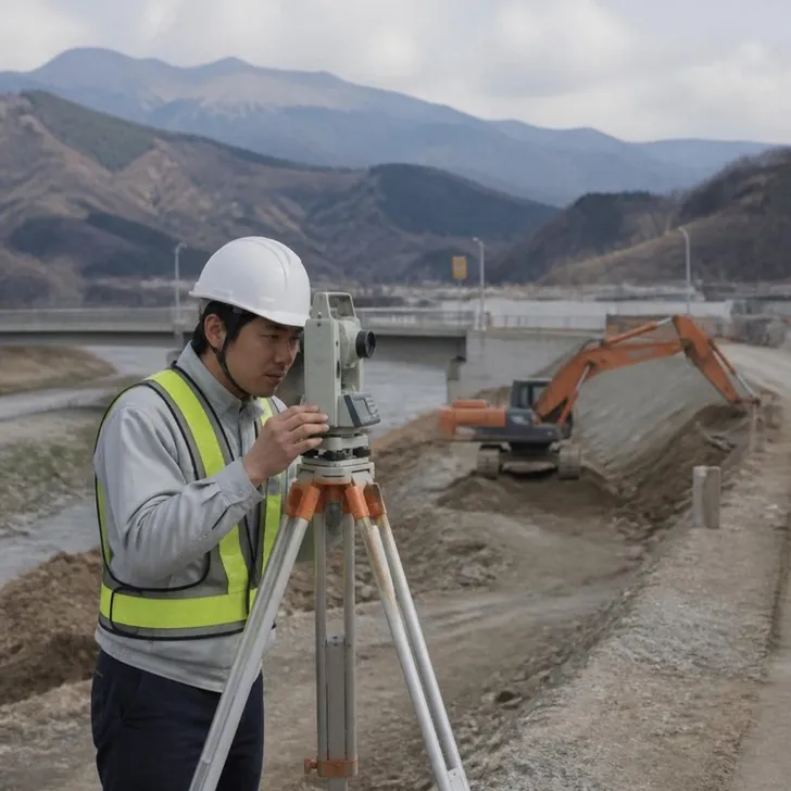 道路工事の現場で測量機を使う施工管理者(イメージ)