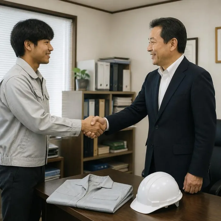 社長と担当者が受入れの流れ図を見ている場面（イメージ）