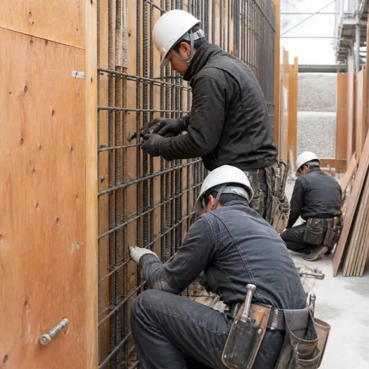 鉄筋を組む職人と、型枠の現場(イメージ)