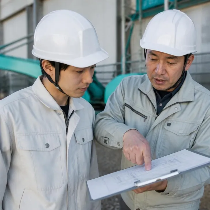 先輩と一緒に現場を回る若手(イメージ)