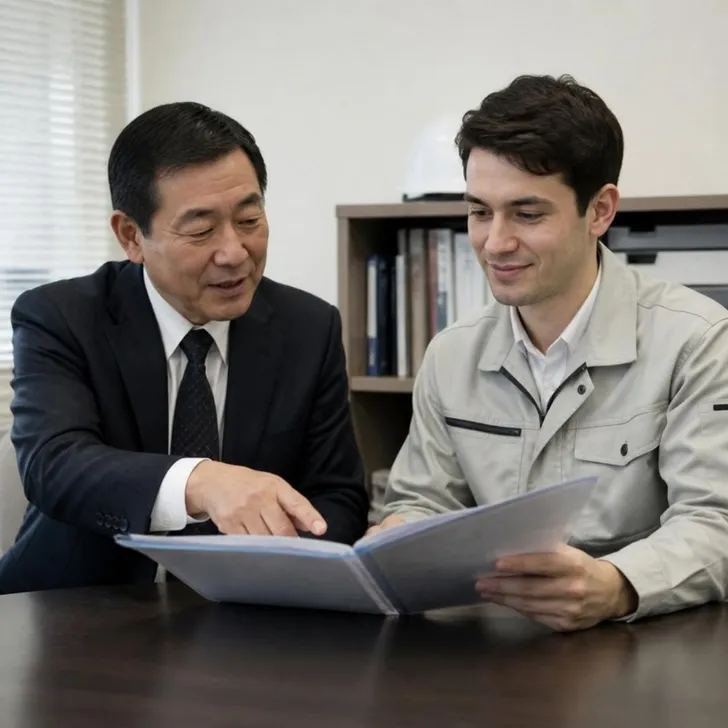 技能実習生と社長が書類を確認する場面(イメージ)